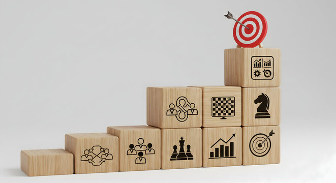 Achieve business goals with strategic planning and team collaboration symbolized by wooden blocks. - Powered by Adobe