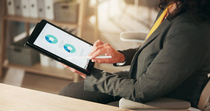 Hands, tablet screen and woman in office, graphs for profit growth and financial report. Person, employee and investor in workplace, fintech or charts for revenue, statistics or stock market research - Powered by Adobe