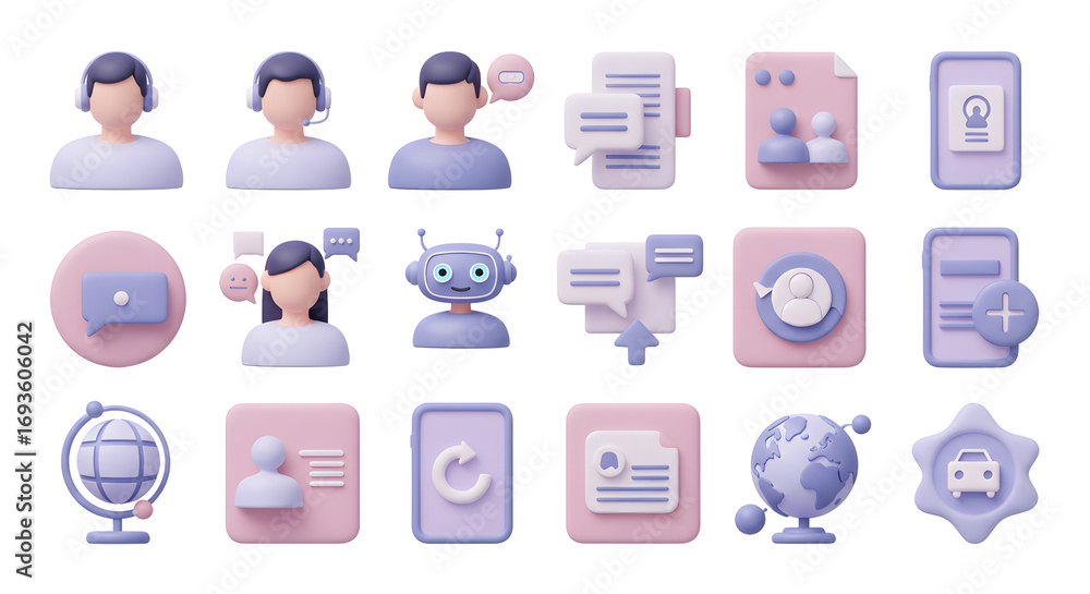 Poster collection of 3d soft user interface icons for business communication, technology, and customer supp