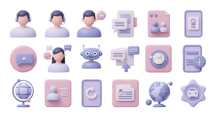 Collection of 3D soft user interface icons for business communication, technology, and customer support concepts