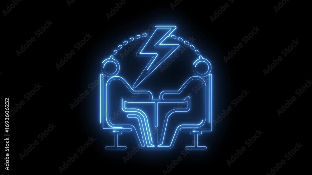 Poster neon brainstorming session two people talking with lightning creative problem solving animation