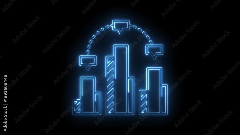 Poster Glowing neon bar graph with speech bubbles connected on a black background
