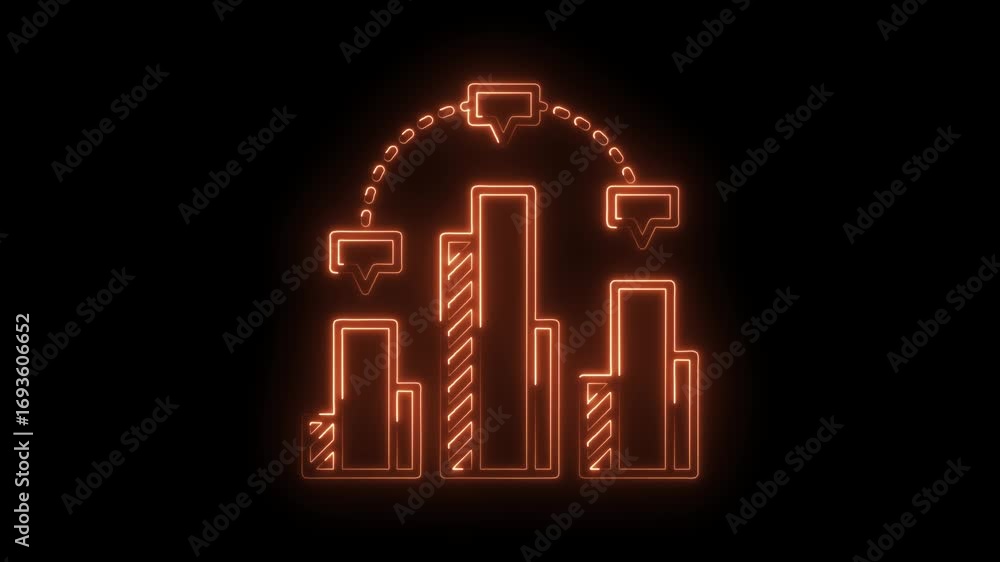 Poster glowing neon bar chart with communication bubbles on dark background for data presentation