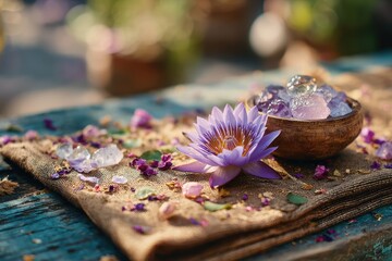 Tranquil Scene of a Water Lily Surrounded by Colorful Crystals and Petals on Natural Linen with Soft Background Bokeh for Peaceful Lifestyle and Spa Themes