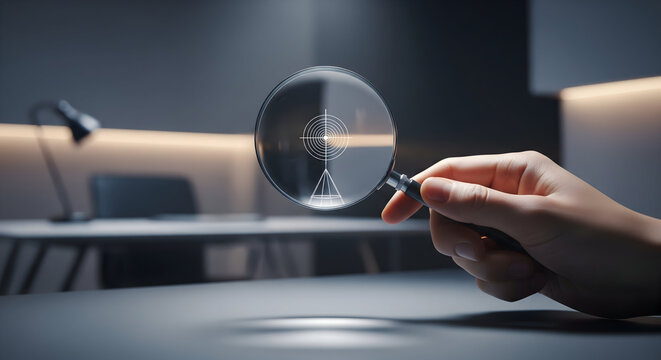 Magnifying glass reveals target symbol, symbolizing focus and precision in modern business strategy