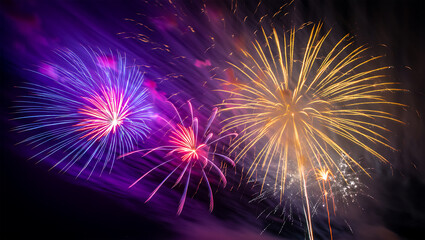 Obraz premium Vibrant Fireworks Illuminating the Dark Sky, Dazzling Bursts of Color Lighting Up the Night, Spectacular Fireworks Show Under Starry Skies