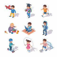 Fototapeta premium Isometric children icons: play, study, sport, reading, baby, student, soccer, line design flat illustration set