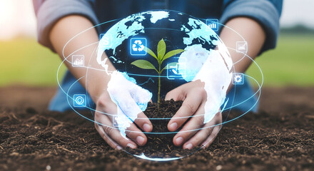 Hands nurturing a seedling with digital globe overlay showing business growth icons for sustainability