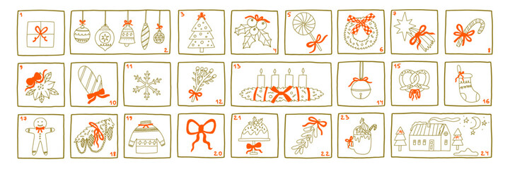 Doodle Christmas Advent Calendar. Outline Xmas Holiday Template with Number. Hand Drawn Vector Illustration