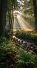 Sunbeams Illuminate Forest Stream Through Lush Greenery and Majestic Trees