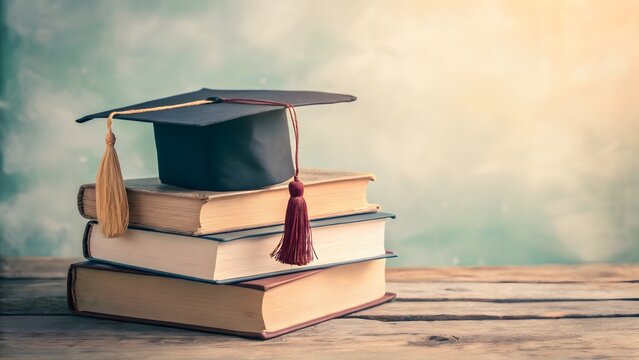 Graduate Cap on Stack of Books Against Warm Vintage Background