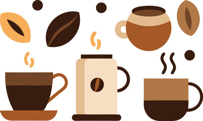 National coffee day vector illustration collection hot coffee cups beans and cacao elements