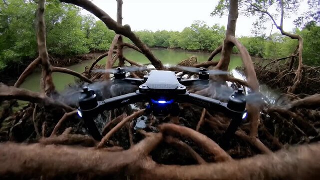 Quadcopter drone flying through intricate mangrove roots in a tropical forest environment
