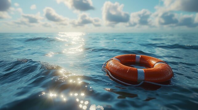 Serene Ocean Waters With Bright Orange Lifebuoy Floating Under Clear Blue Sky - Powered by Adobe