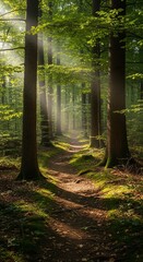 Obraz premium Sunlit Path Through Verdant Forest, Mossy Ground and Towering Trees