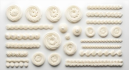 Variety of White Cream Swirls and Decorations | Icing Elements for Cake Decorating, Dessert Presentation and Pastry Designs	