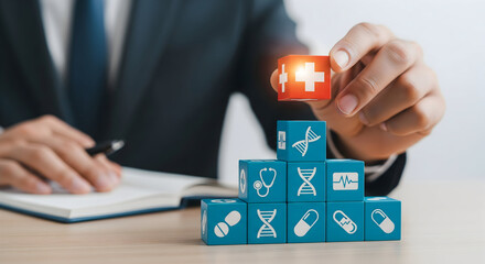 Building a healthier future with medical icons, DNA, and care symbols, representing innovation and progress.