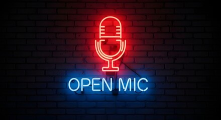 Neon sign with the words "OPEN MIC" and a retro microphone symbol