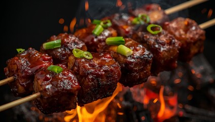 Delicious tender meat cubes skewered and grilled over fiery hot flames delicious food