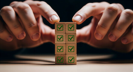 Achieve goals with meticulous planning, checkmarks on wooden blocks signifying task completion