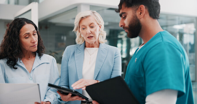 Communication, hospital management or surgeon with tech, policy development or strategy for quality service. Serious, talk or people in hallway meeting, care standard or budget for healthcare plan