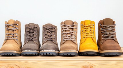 Six Stylish Boots in Various Earthy Tones Displayed on a Light Wood Surface and White Background