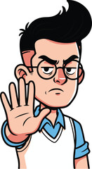 Cartoon Man with Hand Up Stop Sign with Serious Expression