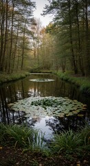 Obraz premium Tranquil forest pond with lily pads reflecting the surrounding trees in still water
