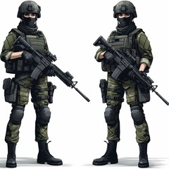 Fototapeta premium Two armed soldiers stand prepared in full battle gear against a neutral backdrop