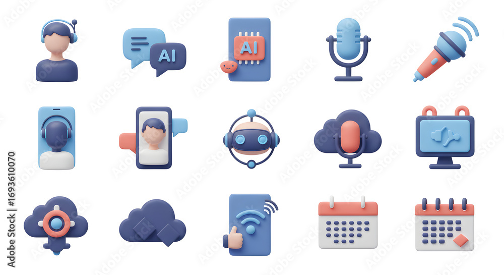 Poster modern 3d icon pack featuring concepts of ai, online meetings, cloud computing, and virtual assistan