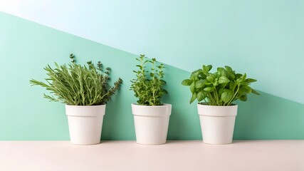 Fototapeta premium Fresh Herbal Plants in White Pots on Mint Green Background