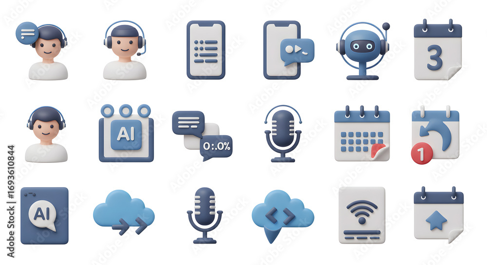 Poster a comprehensive set of modern 3d icons representing ai, customer support, cloud technology, and digi