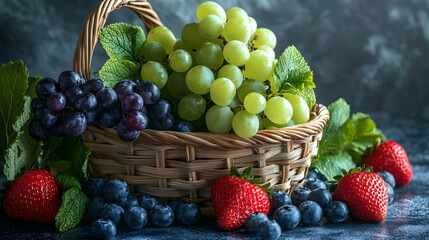 A wicker basket with green grapes, red strawberries, and blueberries on a blurred background. Fresh fruit background illustration for a healthy eating concept.