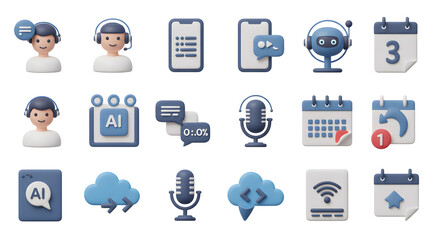 A comprehensive set of modern 3D icons representing AI, customer support, cloud technology, and digital communication for user interface design