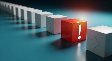 Stand out with this vibrant red cube warning symbol amidst a line of white cubes, highlighting uniqueness and alerts.