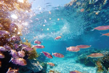 Fototapeta premium Underwater Scene Featuring Colorful Fish Swimming Through Clear Blue Water Surrounded by Lush Marine Plants and Bubbles in a Sunlit Environment