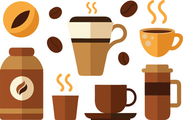 Vector coffee elements collection illustration hot beverages beans cup mug and container eps