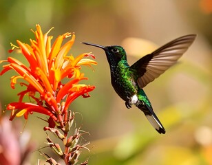 Fototapeta premium Hummingbird feeding on vibrant flower (1)