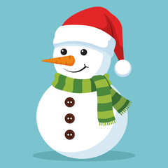 Illustration of a smiling snowman wearing a Santa hat and striped scarf, symbolizing winter holidays and festive cheer.
