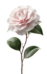 Obraz premium Elegant Pink Camellia Flower with Green Leaves on White Background