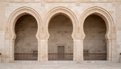 Intricate triple horseshoe archway entrance with decorative architectural details outdoors