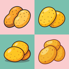 Cartoon Potatoes:  Four Variations,  Pastel Backgrounds,  Simple,  Clean,  and Appealing Food Illustration.