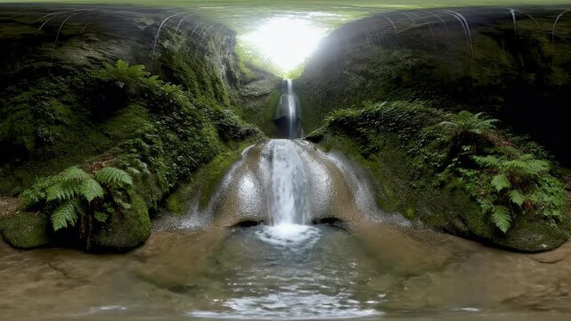 360 VR Immersive View of Serene Waterfall in Lush Mossy Gorge. Natural Forest Landscape