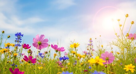 Fototapeta premium Vibrant Summer Meadow with Sun Flare and Blue Sky