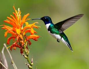 Hummingbird hovering near bright orange flower