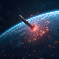 Obraz premium A cosmic illustration of a space shuttle launching toward the stars, illuminating the dark night sky