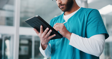 Hands, medical and tablet with nurse in hospital for insurance, planning or research agenda. App,...