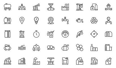 Oil and Gas outline icon set. Containing fuel, refinery, petroleum, oil well, gas pump, offshore platform, lubricant, oil barrels and more. Thin outline icons pack. Vector illustration
