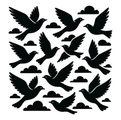 Seamless Pattern of Flying Birds Silhouette on White Background