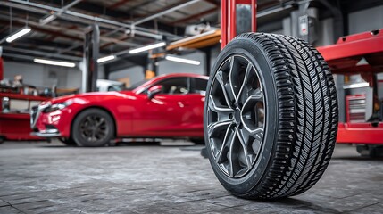 Car Tire Display at Auto Repair Shop with Red Vehicle